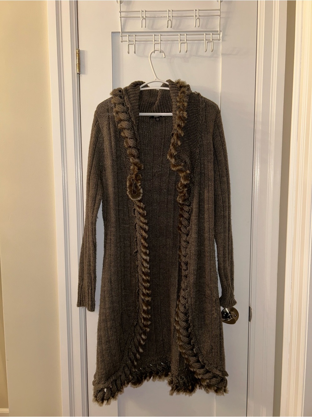 Open-Front Long Knit Cardigan with Faux-Fur Trim - Brown